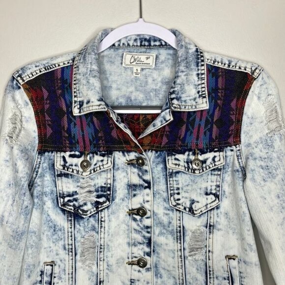 ChiQle Denim Small Distressed White Wash Multicolor Southwestern Jean Jacket - Picture 3 of 14